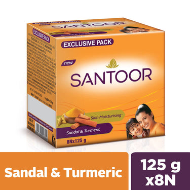 Santoor Skin Moisturizing Sandal & Turmeric Bathing Soap with Nourishing & Anti-Aging Properties| For Soft & Smooth and Younger-Looking Skin| For All Skin Types| Pack of 8, 125g